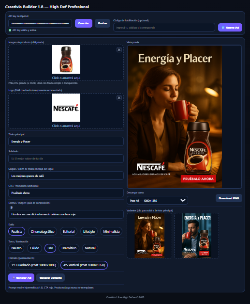 Vista del Builder Creativia